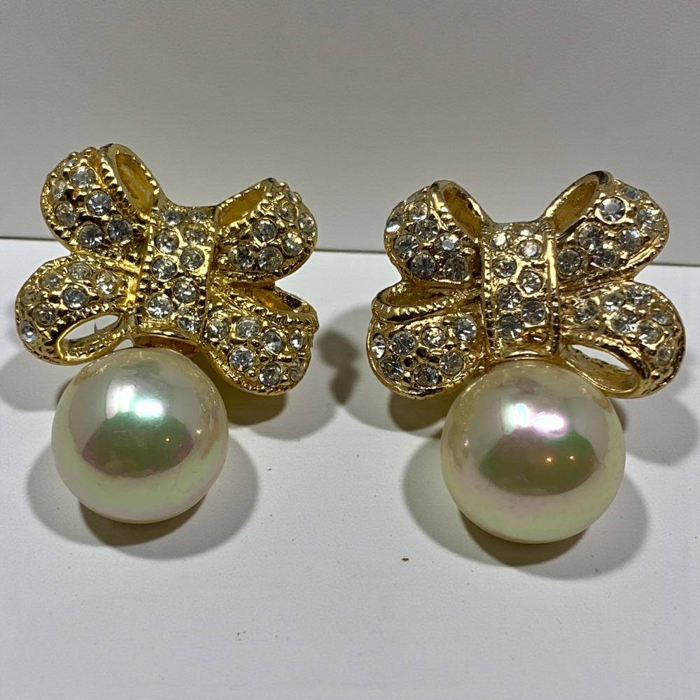 Vintage 1980's Clear Crystal & Faux Pearl Pierced Petite Earrings Couture Mogul